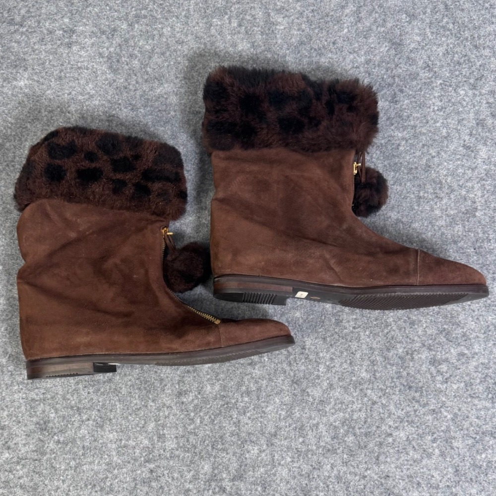 Vintage Bottega Veneta Brown Suede Fur Trim Pom Pom Ankle Boots Italy 39